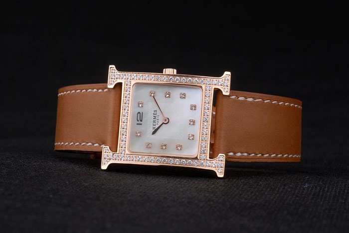 Hermes Heure H Rose Gold Bezel Diamond Encrusted Tan Leather Strap White Dial 80236